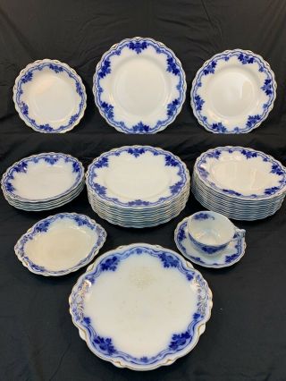 Grindley Hofburg 34 Pc Set Flow Blue Staffordshire Dinner Plates Bowls No Chips