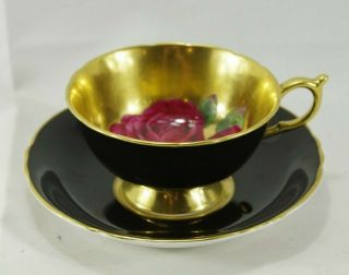 Rare Paragon Pink Floating Cabbage Rose Gold Lined Black Footed Cup & Saucer