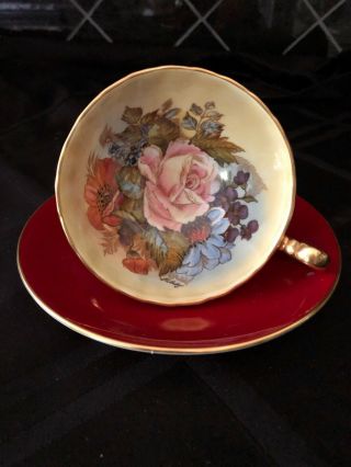 Aynsley Tea Cup & Saucer J A Bailey Cabbage Rose Floral Burgundy Gold Signed