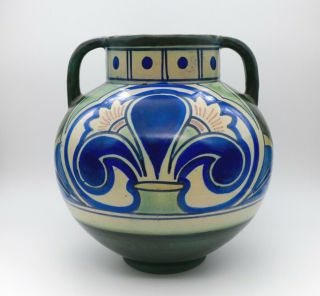 Dutch Gouda Damascus Handled Vase Plateel Vintage Arts & Crafts Zuid - Holland