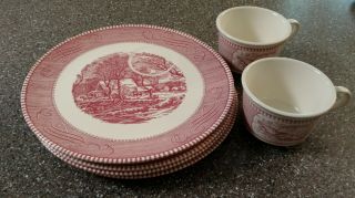 Currier And Ives Pink (4) Snack Plates & (2) Cups Rare