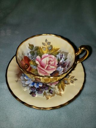 - SPECTACULAR and RARE Aynsley Cabbage Rose Teacup and Saucer Signed J A Bailey - 2