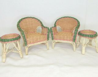 Pretty Wicker Doll Bear Furniture 2 Chairs 2 Side Tables For 12 - 15 " Dolls