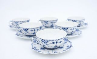 6 Teacups & Saucers 1130 - Blue Fluted Royal Copenhagen - Full Lace 1st Quality