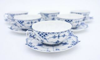 6 Teacups & Saucers 1130 - Blue Fluted Royal Copenhagen - Full Lace 1st Quality 3
