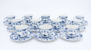 12 Cups & Saucers 1037 - Blue Fluted Royal Copenhagen Full Lace - 1:st Quality