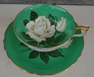 Paragon Teacup And Saucer Green With Large White Rose Rare