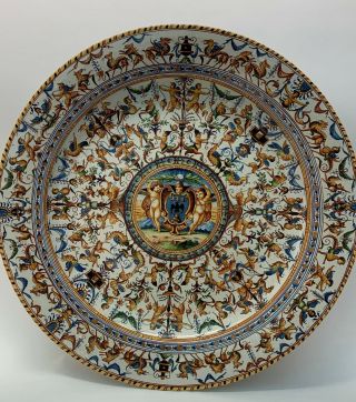 Very Large Monumental Italian Maiolica Pesaro Charger Cantagalli Style Signed