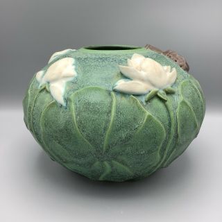 Jemerick Signed Arts & Crafts " White Lotus " Pottery Vase Vessel - Grueby Style