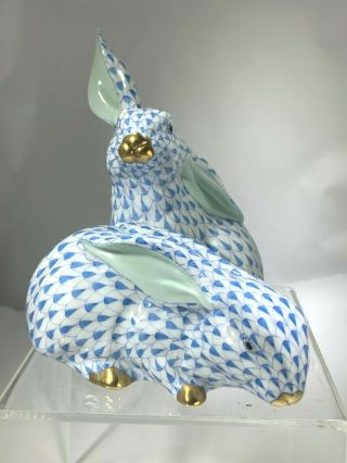 Herend Ear Up Rabbits Figurine Blue Fishnet Hand Made & Painted 24k Gold