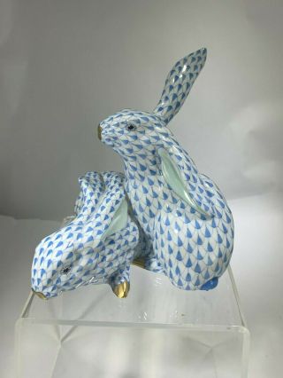 Herend Ear Up Rabbits Figurine Blue Fishnet Hand Made & Painted 24K Gold 2