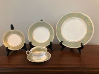 Six 5 - Piece Place Settings,  Columbia Sage Green Rim By Wedgewood