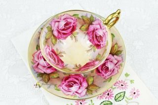 Aynsley Pink Cabbage Rose English Bone China Teacup And Saucer