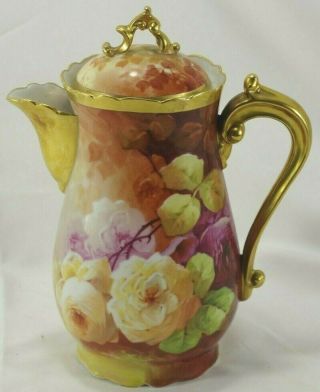 Coronet Limoges Chocolate Pot Signed Alfred Broussillon Roses Thick Gold