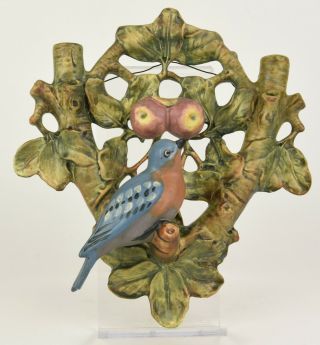 Weller Pottery Woodcraft - Muskota Wall Vase With Bluebird And Apples