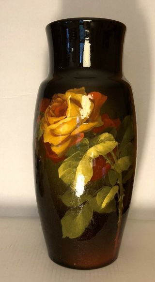 Owens Pottery Large Utopian Vase With Roses Signed H.  Lusby
