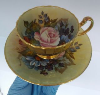 Vintage Aynsley Bone China Signed Bailey Cabbage Rose Gold Tea Cup & Saucer Look