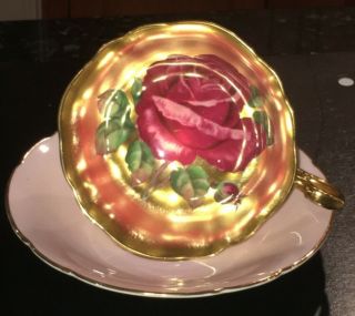 Rare Paragon Floating Gold Cabbage Rose Tea Cup Light Pink Saucer