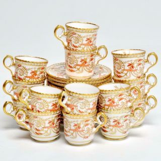 Set Of 14 Spode " Regency " Y5799 Orange Flower/gold Gilt Demitasse Cups W/saucers