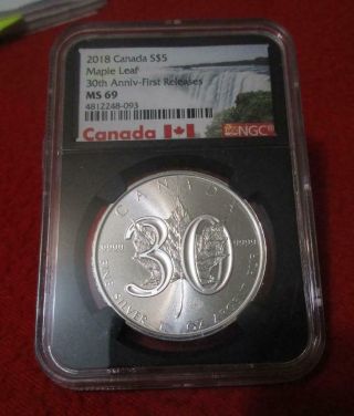 2018 Canada Silver $5 Maple Leaf 30th Anniversary Ngc Ms 69 First Rel Mf - T3550