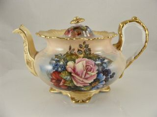 Very Rare Aynsley Cabbage Rose Teapot With Heavy Gold Detail Signed J.  A.  Bailey