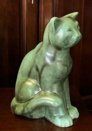Vintage Shearwater Pottery Art Deco Green Glaze Cat Statue Figure