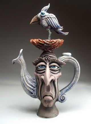 Twittering Teapot Face Jug Folk Art Pottery Bird Sculpture By Mitchell Grafton