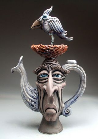 Twittering Teapot face jug folk art pottery bird sculpture by Mitchell Grafton 2