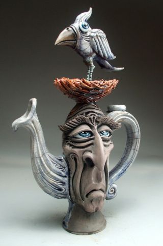 Twittering Teapot face jug folk art pottery bird sculpture by Mitchell Grafton 3