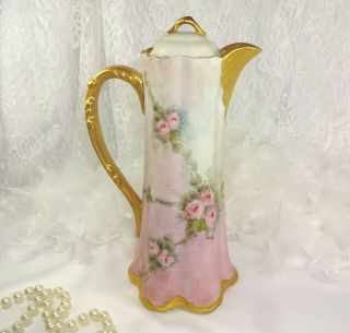 Stunning Porcelain Chocolate Pot Hand Painted Pink Tea Roses