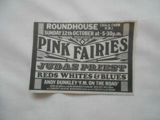 Pink Fairies Judas Priest Gig Advert Roundhouse 12/10/75 Sunday Teatime