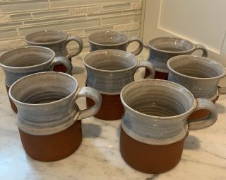 Denis Vibert Pine Tree Kiln Maine Red Clay Blue Swirl Set Of 8 Coffee Mugs