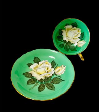 Paragon White Cabbage Rose Green Teacup And Saucer Double Warrant Vintage