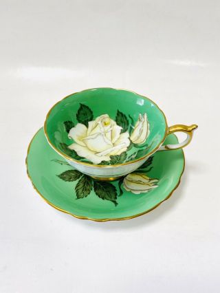 Paragon White Cabbage Rose Green Teacup and Saucer DOUBLE WARRANT Vintage 2