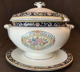 Wedgwood Runnymede W4472 Blue Covered Soup Tureen W/ Lid & Underplate 9 3/8 " D