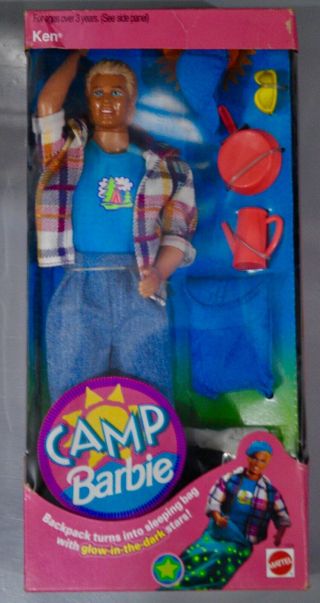1993 Ken Camp Barbie With Backpack Glow In The Dark Sleeping Bag 11075 Nrfb