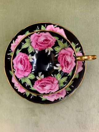 Rare Aynsley Black Cabbage Roses Teacup Tea Cup Saucer Pink Gold Gilded