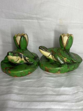 Pair 1920’s Weller Art Pottery Coppertone Turtle & Lotus Blossom Candle Holders