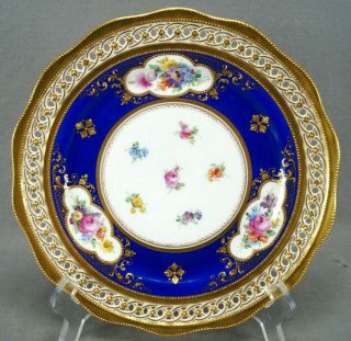 Ambrosius Lamm Dresden Hand Painted Floral Raised Gold Cobalt Reticulated Plate