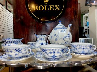 Royal Copenhagen Blue Fluted Full Lace Gargoyle Tea Set,  Teapot,  4 Cups & Saucer