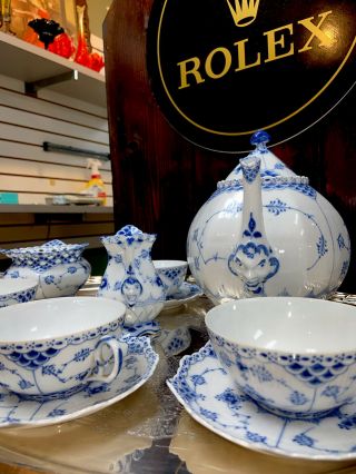 Royal Copenhagen Blue Fluted Full Lace Gargoyle Tea Set,  Teapot,  4 Cups & Saucer 2
