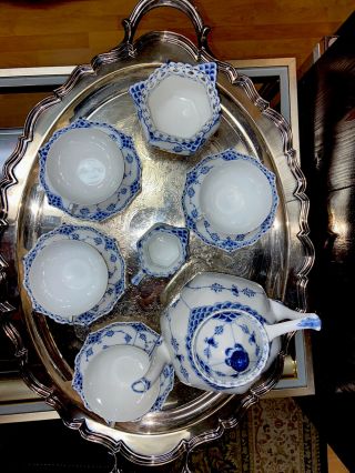 Royal Copenhagen Blue Fluted Full Lace Gargoyle Tea Set,  Teapot,  4 Cups & Saucer 3