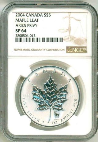 2004 S$5 Canada Maple Leaf Aries Privy Ngc Sp64