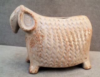 Vintage Mcm Textured Woolly Ram Sheep Coin Bank 6 " With Cork Bennington Pottery