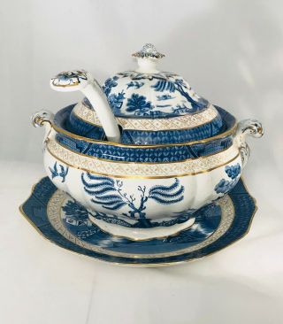 Booths Soup Tureen Ladle & Platter Real Old Willow Silicon China Blue England