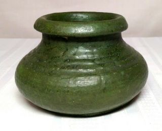 Grueby Pottery,  Matte Green Ringed Rolled Lip Squat Vase,  Curdled Glaze