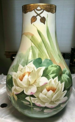 Willets Belleek Stouffer Hand Painted Artist Signed Waterlily Scenic Vase