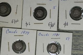 5 Canada Queen Victoria 5 Cent Silver Coins - 1888,  1893,  1897,  1899,  1901