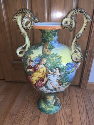 Large Antiique Italian Renaissance Style Majolica Serpent Handled Vase