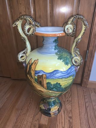 Large Antiique Italian Renaissance Style Majolica Serpent Handled Vase 2